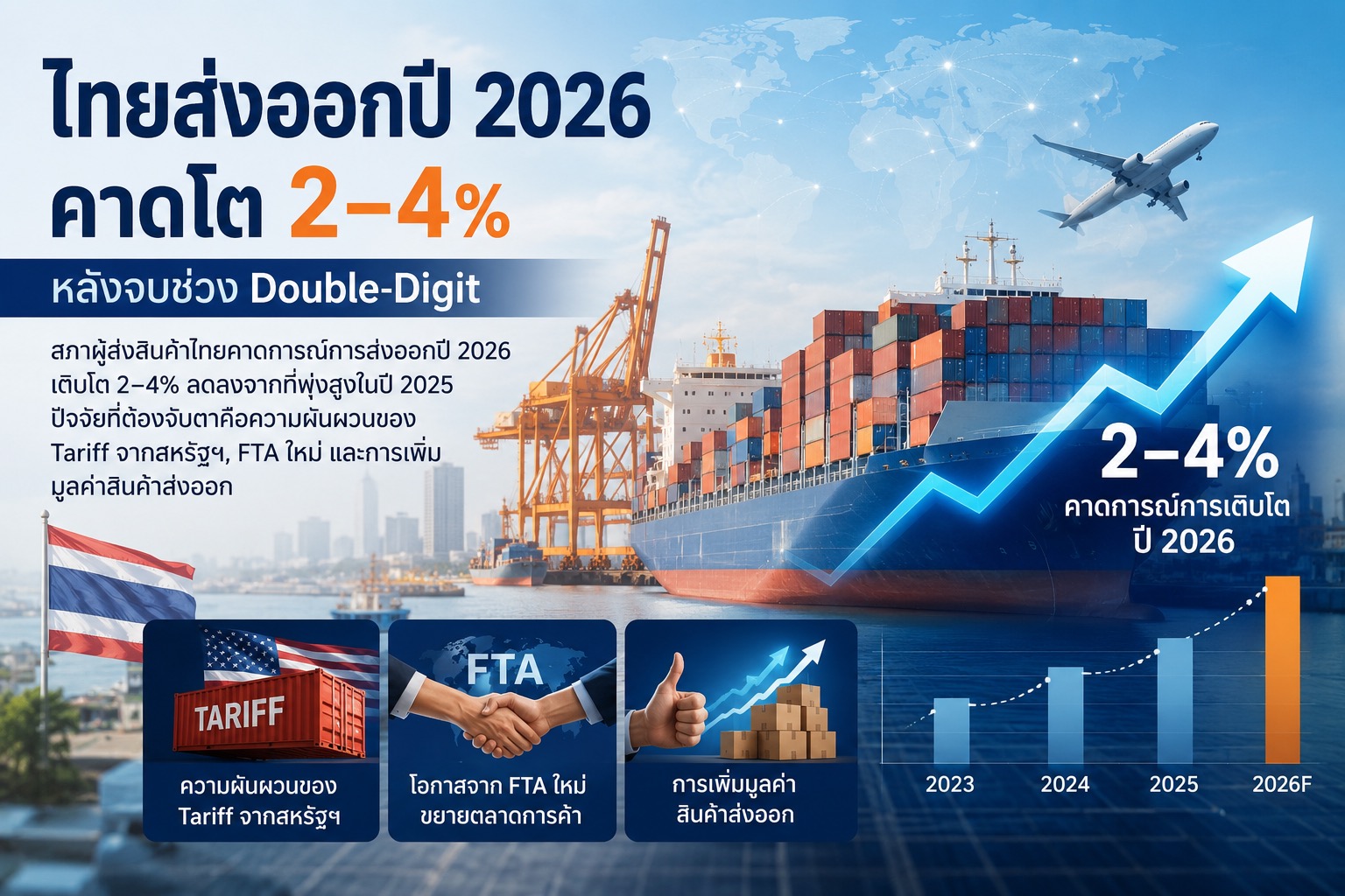 ไทยส่งออกปี 2026 คาดโต 2–4% หลังจบช่วง Double-Digit